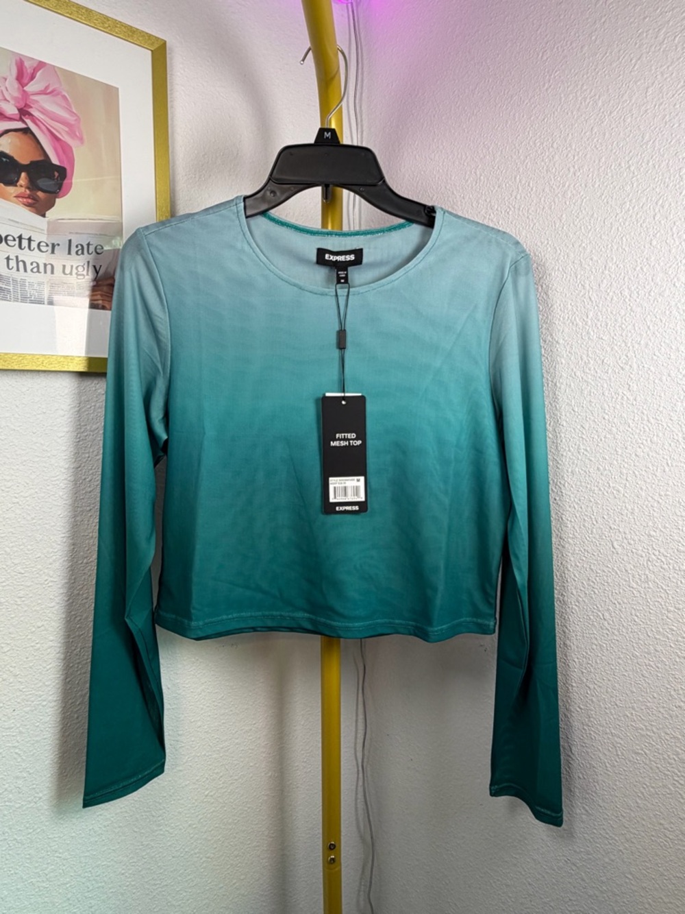 Express Teal Ombre Long-Sleeve Fitted Mesh Top - Size M - NWT $38